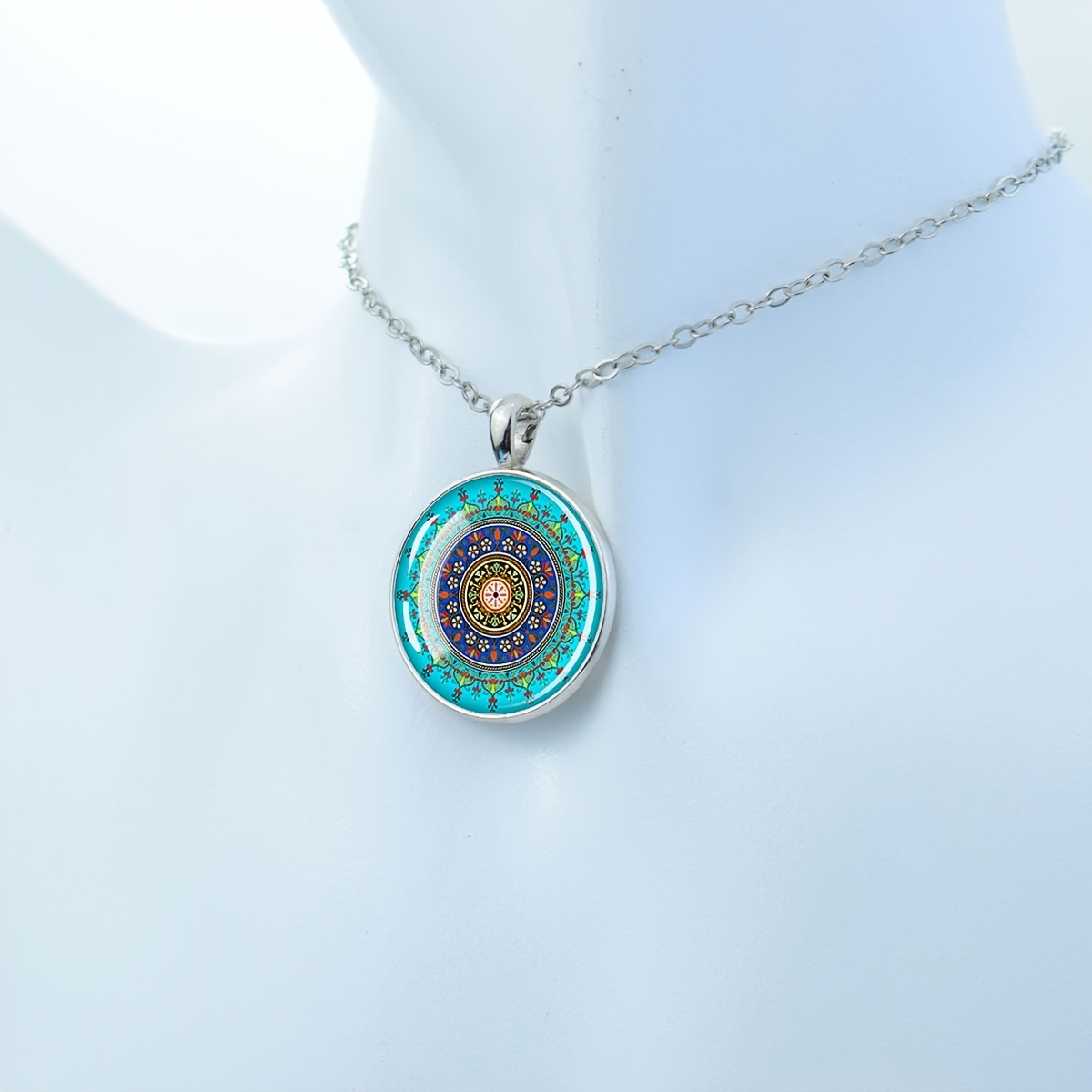 Women's Boho Style Mandala Pattern Glass Necklace, Unique Gift